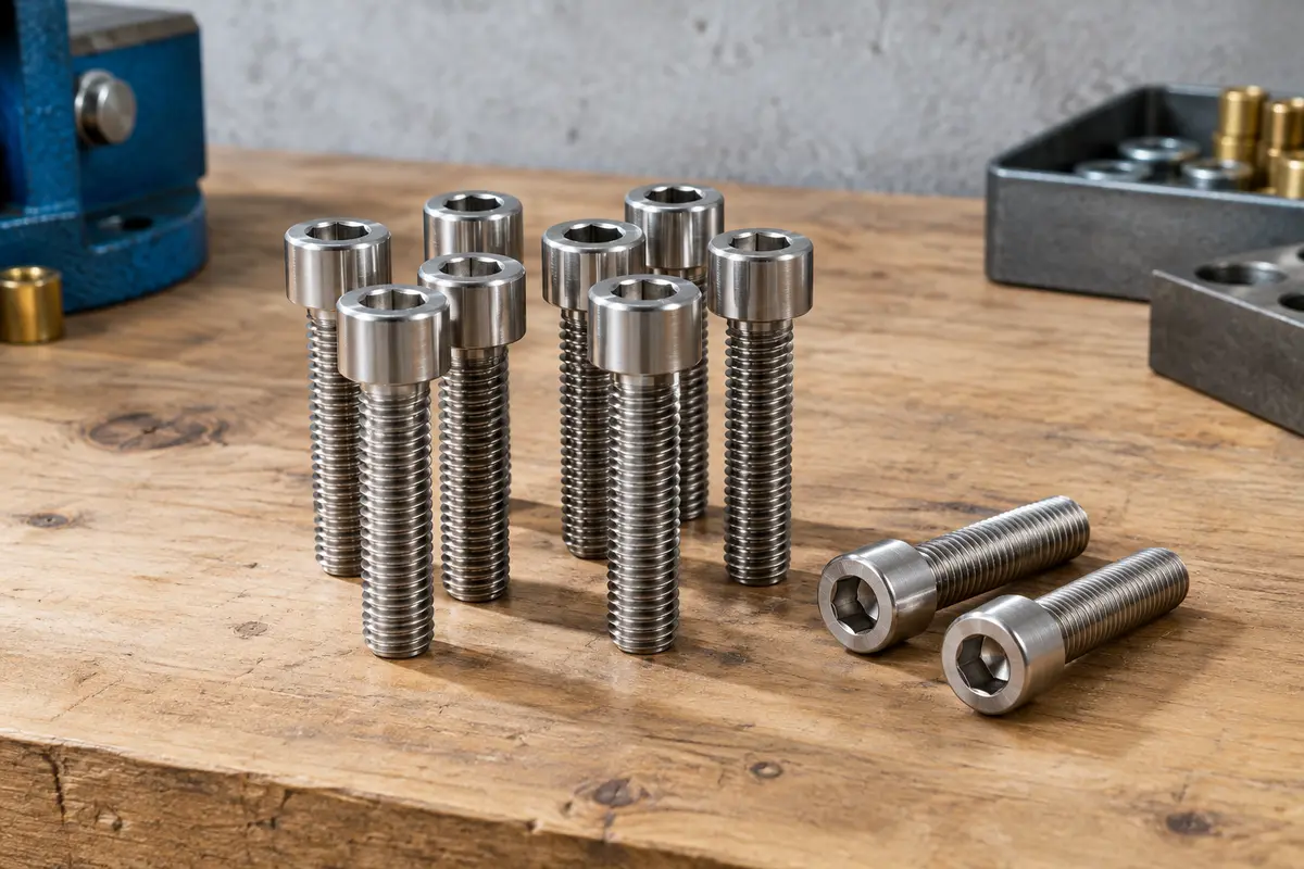 Lot de vis inox argentées à tête cylindrique six pans creux, filetage complet, posé sur un établi en bois
