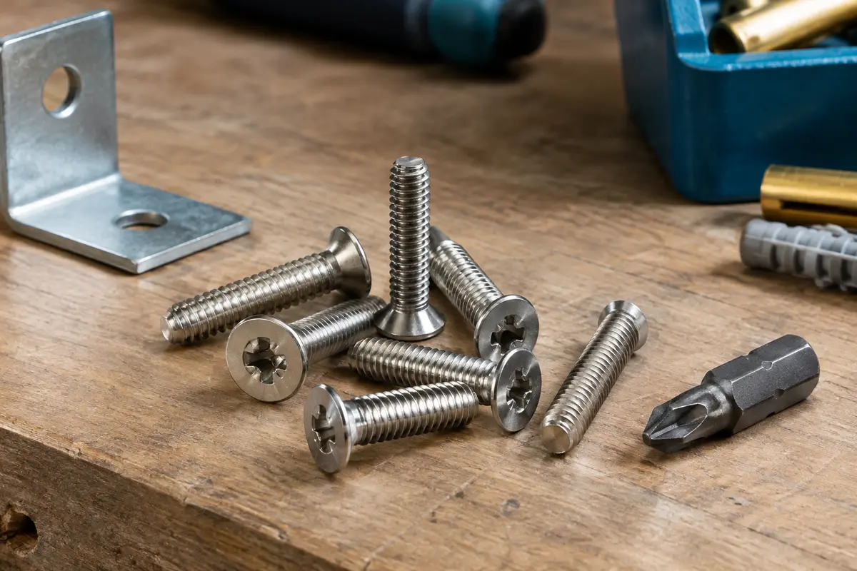 Lot de vis métriques M4 en inox à tête fraisée et empreinte PZ, présenté sur un établi en bois.