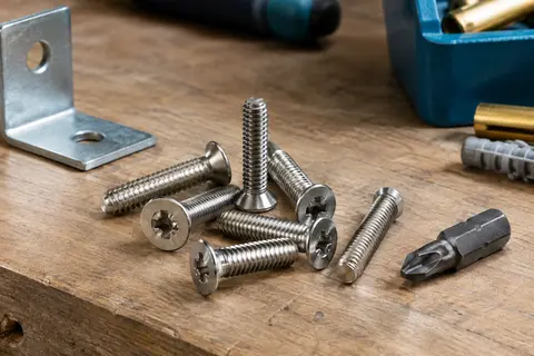 Lot de vis métriques M4 en inox à tête fraisée et empreinte PZ, présenté sur un établi en bois.