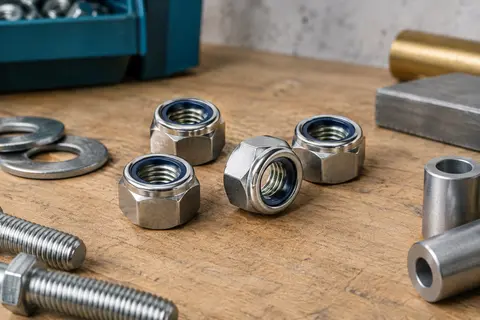 Quatre écrous hexagonaux autobloquants en acier inoxydable posés sur un établi en bois