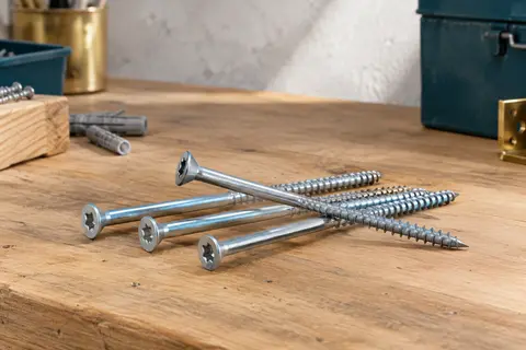 Vis de construction bois argentées à tête fraisée et filetage partiel, posées sur un établi en bois