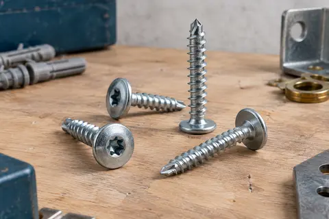 Vis de construction bois argentée à tête disque, filetage total et empreinte T30, posée sur un établi en bois.