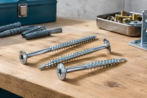 Vis de construction bois argentée à tête disque, filetage partiel et empreinte T40 sur un établi