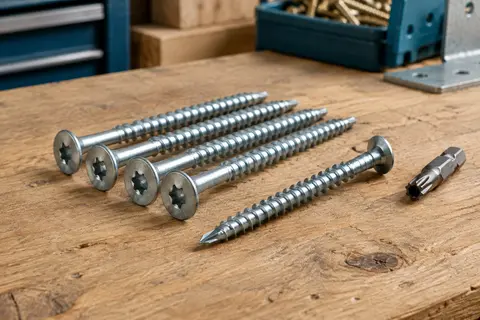 Vis à bois de charpente galvanisées à tête large et empreinte Torx, présentées avec leur embout sur un établi.