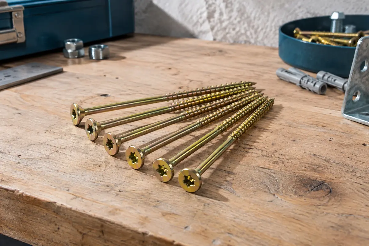 Vis à bois longues en acier zingué jaune, avec tête fraisée Torx et pointe de fraisage, sur un établi en bois