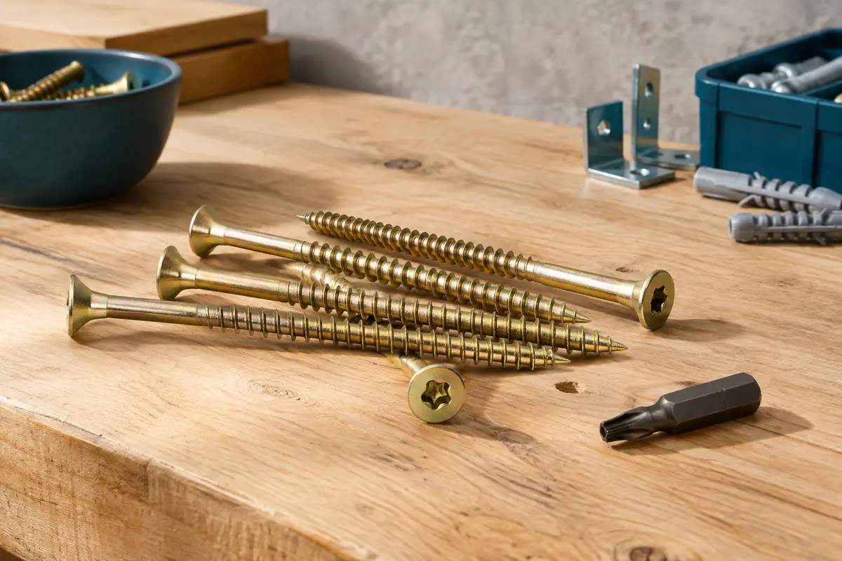 Vis de charpente à tête plate et empreinte Torx, finition zinguée jaune, sur un établi en bois.