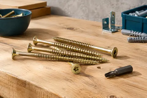 Vis de charpente à tête plate et empreinte Torx, finition zinguée jaune, sur un établi en bois.