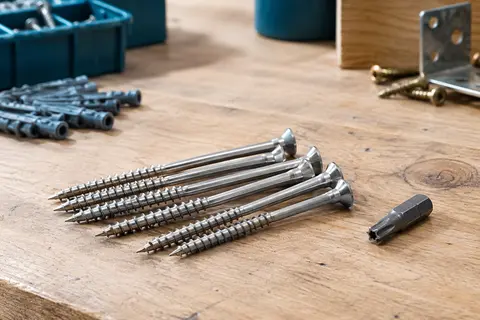 Vis de terrasse en inox C2 à tête fraisée et empreinte Torx, posées sur un établi en bois brut.