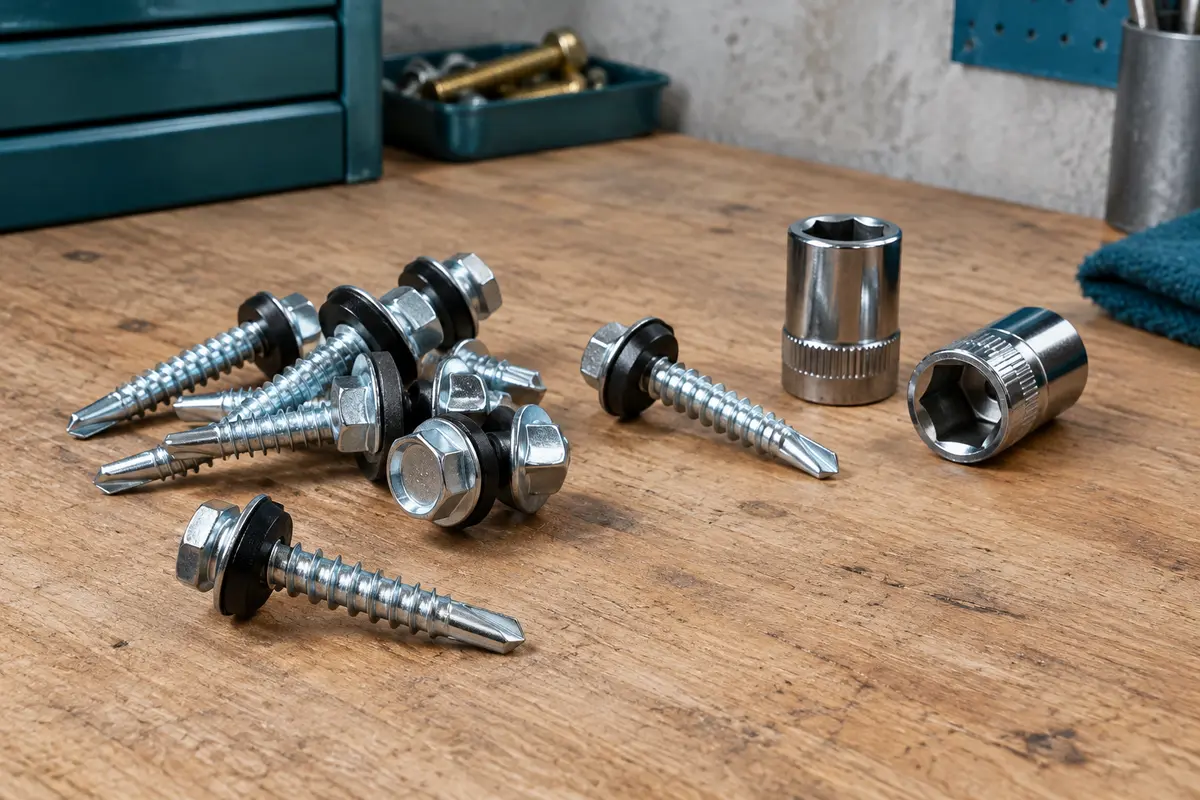 Vis autoforeuses galvanisées à tête hexagonale avec joints EPDM et deux douilles M8 sur un établi