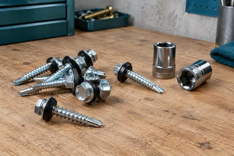 Vis autoforeuses galvanisées à tête hexagonale avec joints EPDM et deux douilles M8 sur un établi