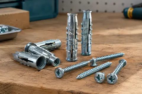 Chevilles métalliques argentées à visser et vis zinguées disposées sur un établi en bois brut.