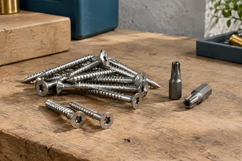Vis de terrasse argentées à tête fraisée et embouts T25 présentés sur un établi en bois brut.