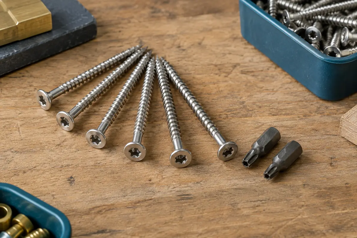 Vis de terrasse inox à tête fraisée Torx T25 disposées sur un établi en bois avec deux embouts.