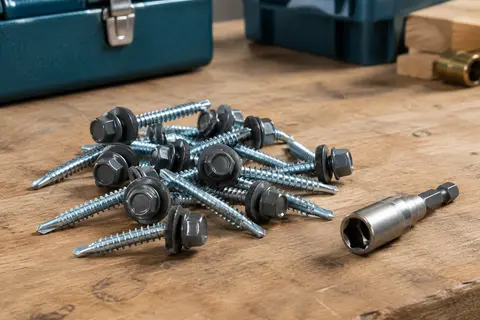 Vis autoperceuses de toiture gris anthracite avec joint EPDM et clé à douille sur un établi en bois
