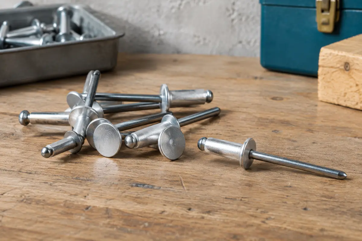 Rivets aveugles argentés à tête large présentés sur un établi en bois brut