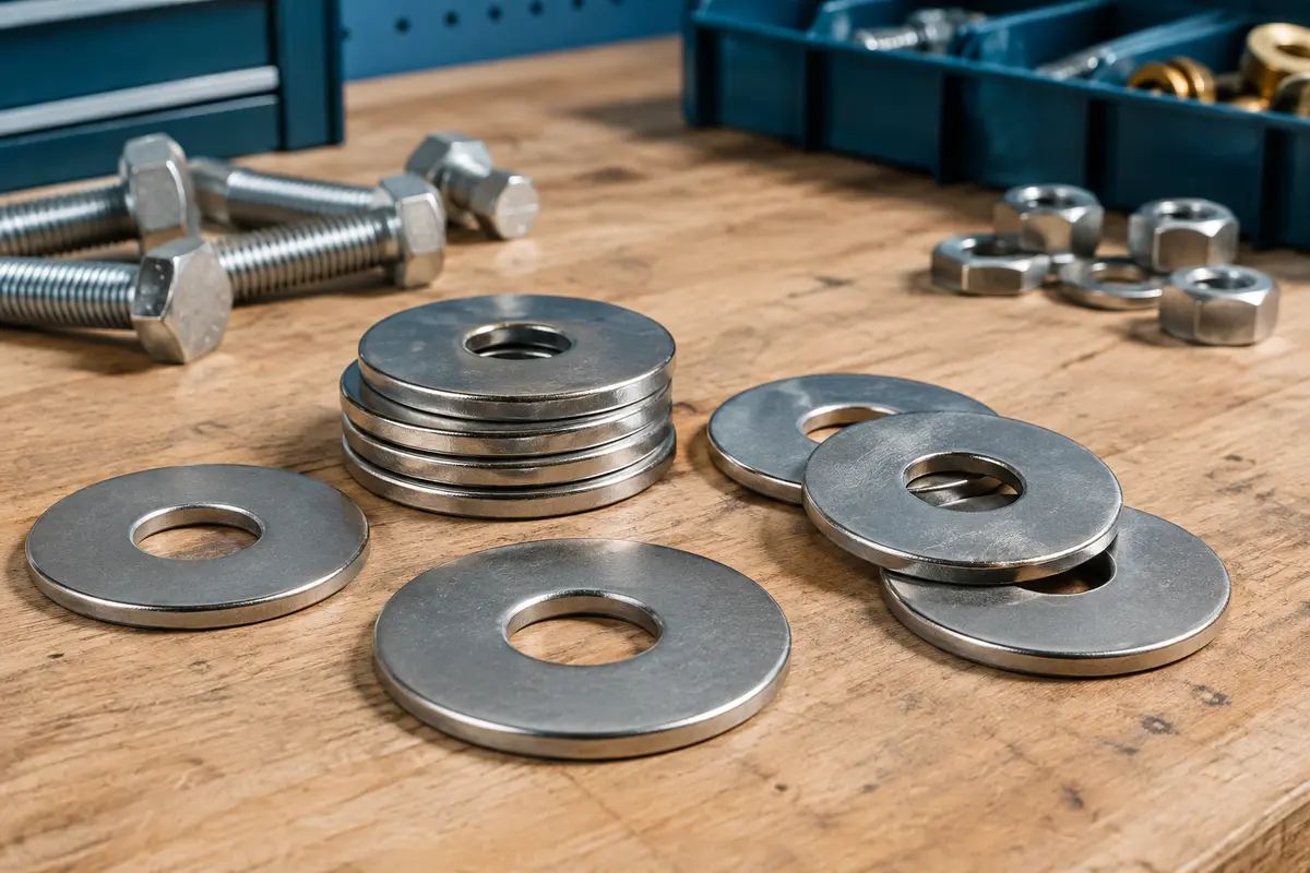 Rondelles plates de réparation en inox argenté disposées en lot sur un établi en bois