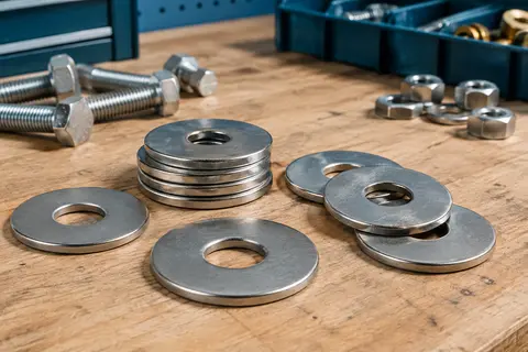 Rondelles plates de réparation en inox argenté disposées en lot sur un établi en bois