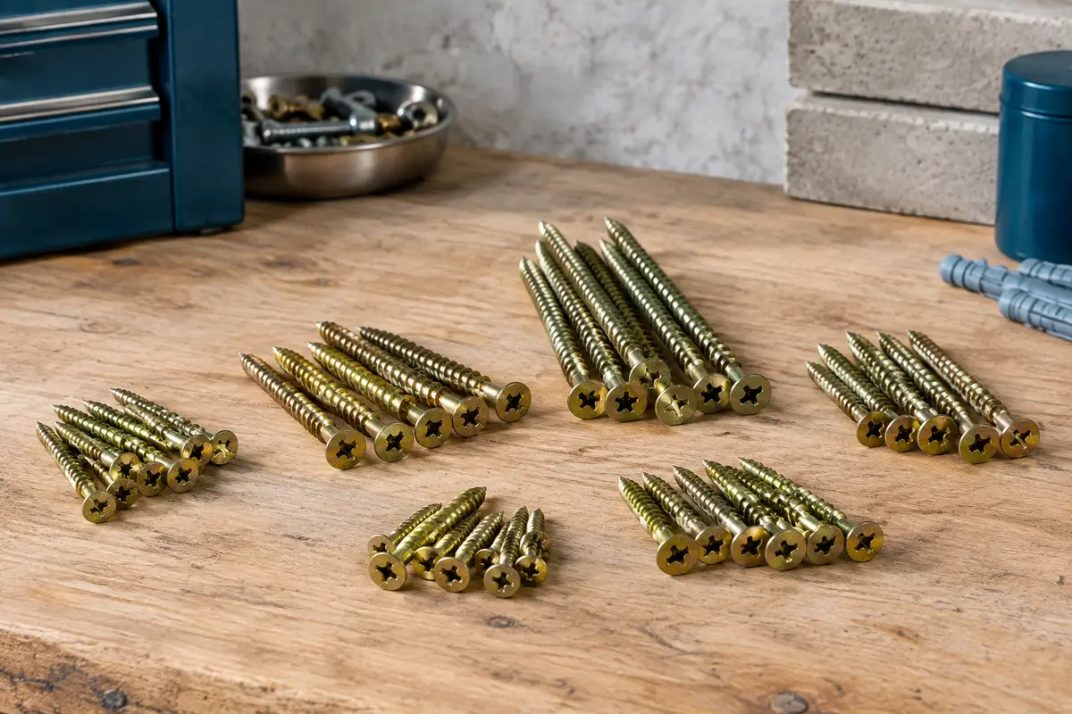 Assortiment de vis à bois en zinc jaune, à tête fraisée cruciforme, posé sur un établi en bois