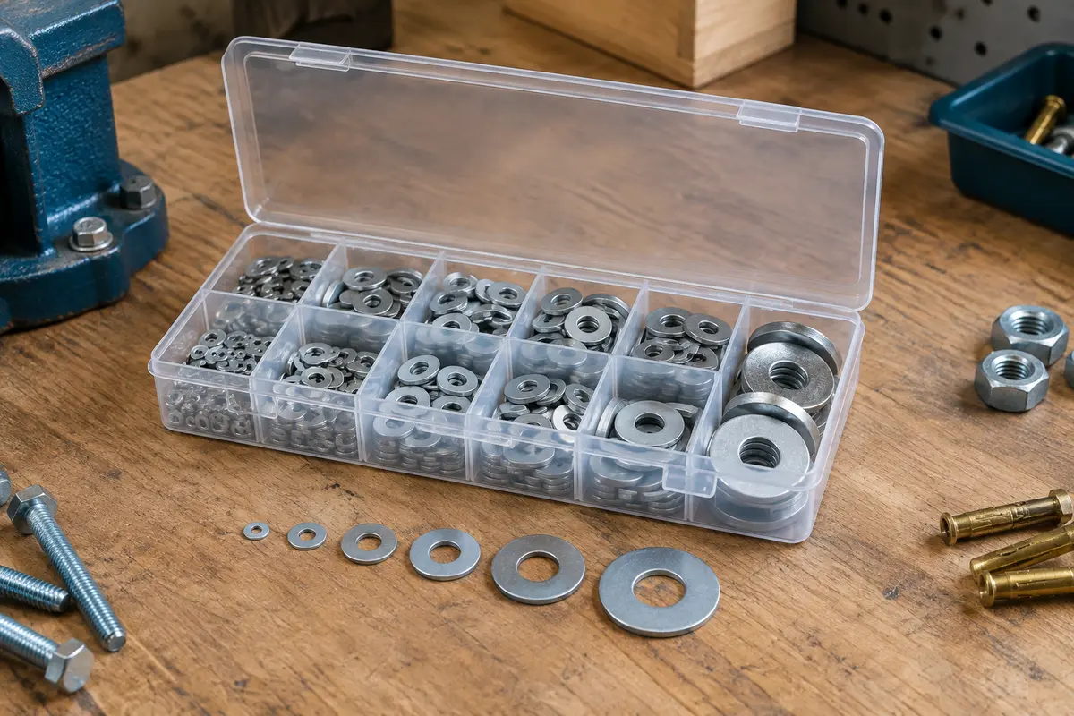 Assortiment de rondelles plates en acier inoxydable triées par taille dans une boîte transparente à compartiments.