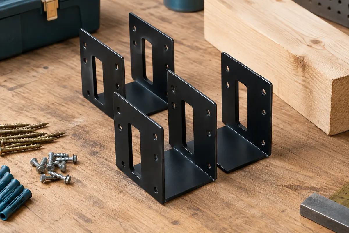 Quatre sabots de solive noirs en acier en forme de U, posés sur un établi en bois brut.