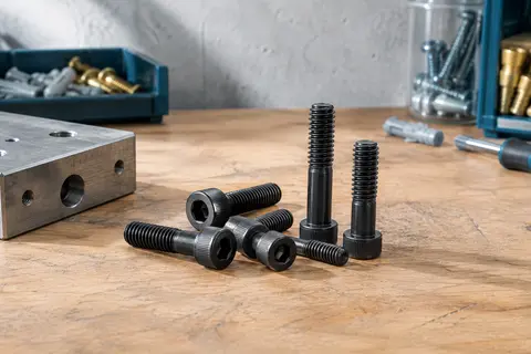 Vis métriques noires à tête cylindrique et empreinte six pans creux disposées sur un établi en bois